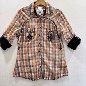 FINAL SALE Roar Orange Plaid Embroidered Button Front 3/4 Sleeve Top XL
